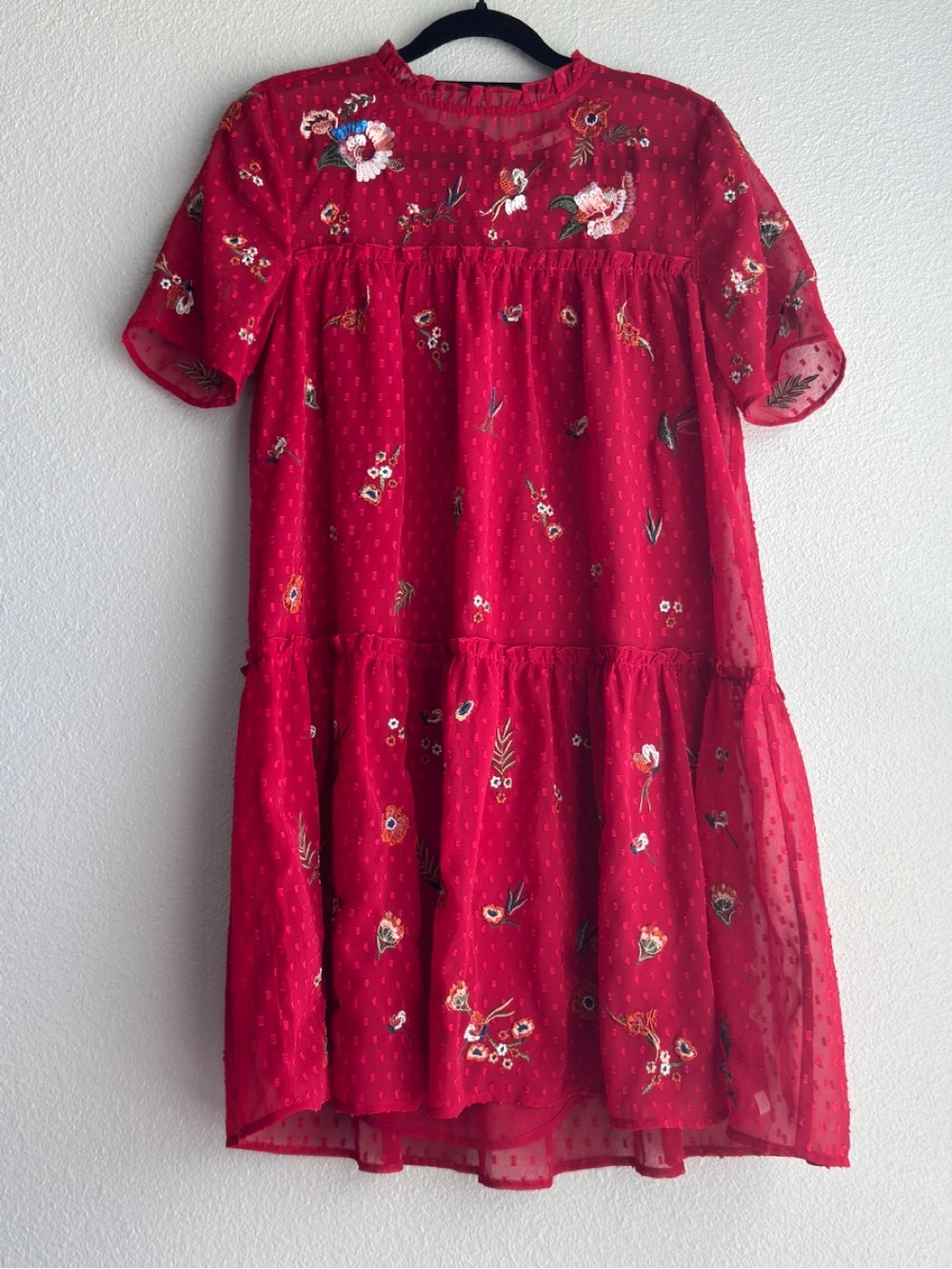 Red Embroidered Tiered Mini Dress - Size M